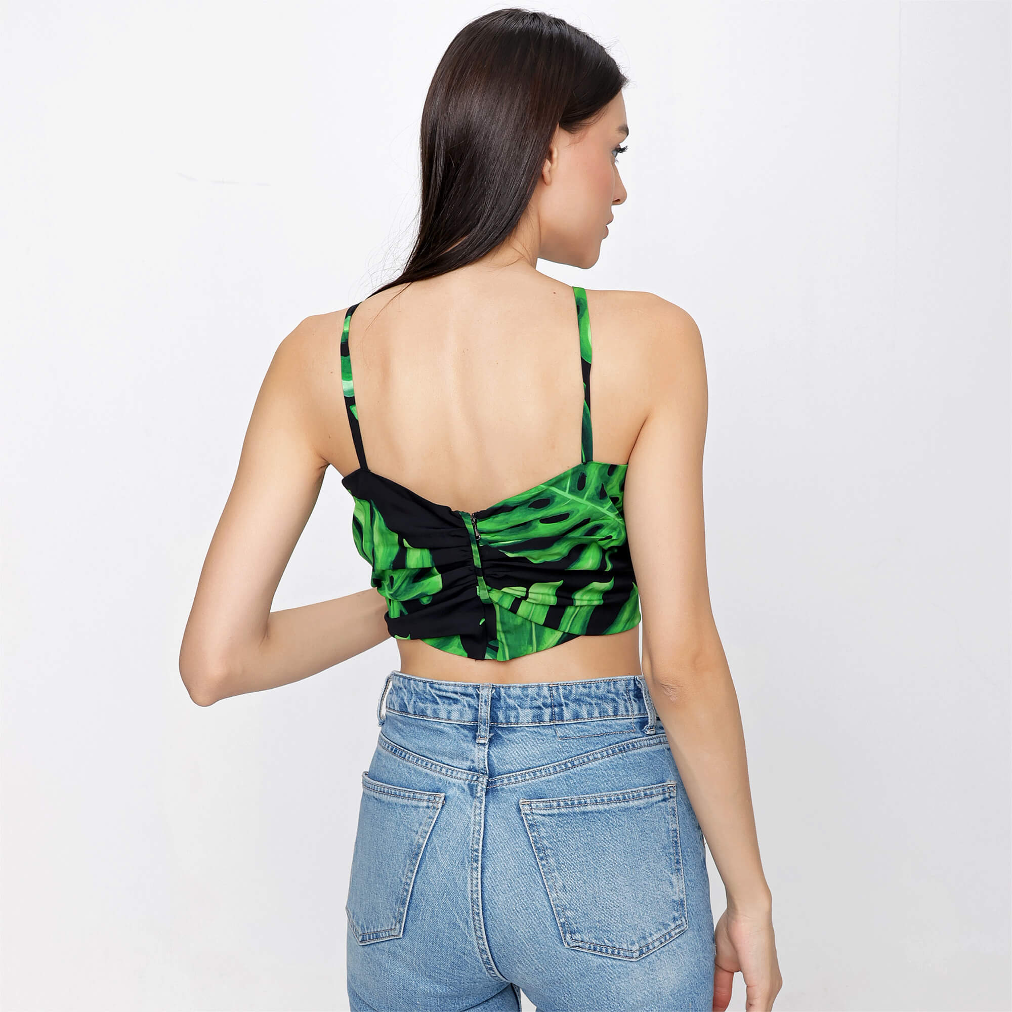 Dolce&Gabbana - Black Green Leaf Silk Halter Cropped Top